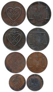 Copper (4), Complete Proof set of 2 Pice, 11/2 Pice, Pice and ½ Pice also known as 8, 6, 4