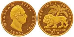 William IV, Gold 2 Mohurs, 1835, Calcutta Mint, R. S. initials incused on truncation, lion