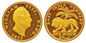 William IV, Gold Mohur, 1835, Bombay Mint, no initial on truncation, lion and palm tree on