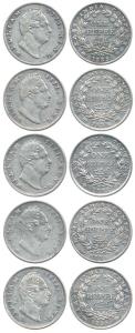 William IV, Silver Rupee (5) 1835, obv A, rev I, ’F’ Raised; obv A, rev I, ’F’ Incuse; obv