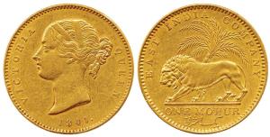Victoria Queen, Gold Mohur, 1841, Calcutta Mint, Divided legend, WW initials incused on tr