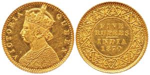 Victoria Queen, Gold Rupees 5, 1870. (Prid #37). Proof Restrike, Very Rare.