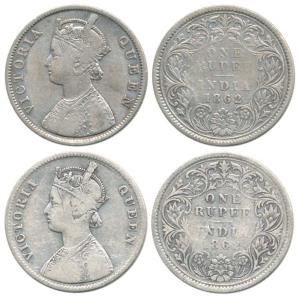 Victoria Queen, Silver (2), Rupee, 1862, obv A, rev III and Obv A, Rev III.. About Fine to