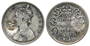 Victoria Queen, Silver Rupee, 1862, initials PM for Port Mozambique counter-marked on obv.