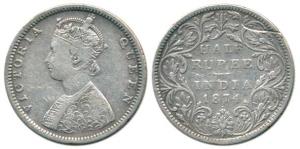 Victoria Queen, Silver ½ Rupee, 1874, Bombay Mint, obv. B, rev. II, with dot. Fine+.