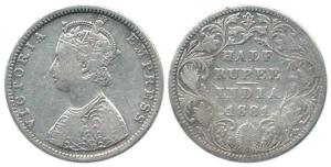 Victoria Queen, Silver ½ Rupee, 1881, Bombay Mint, obv. B, rev. II, with dot. Fine+, Very 