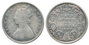 Victoria Queen, Silver ½ Rupee, 1887, Calcutta Mint, obv. A, rev. I, ’C’ incuse. Fine.