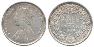 Victoria Queen, Silver ½ Rupee, 1889, Calcutta Mint, obv A, rev. I, ’C’ incuse. About Very