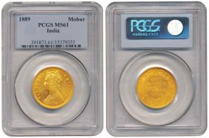 Victoria Empress, Gold Mohur, 1889. Slabbed in PCGS holder graded MS61. Very Rare.