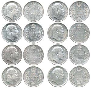 Edward VII, Silver (8), Rupee, 1903 to 1910, Bombay Mint, Extremely Fine to About Uncircul