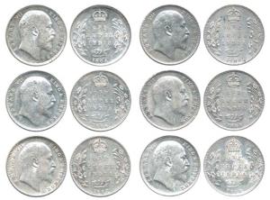 Edward VII, Silver (6), Rupee, 1904, 1906, 1907, 1908, 1909 and 1910. All coins with raise