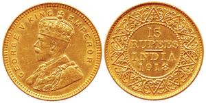 George V, Gold 15 Rupees, 1918. Extremely Fine, Very Rare.