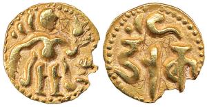 Ceylon, Gold, 0.46 g, Chola-type Fanam, king standing to right on obv; Nagari legend darak