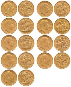 Great Britain, Edward VII, Gold 4 g (9), ½ Sovereign or ½ Guinea, all different dates: 190