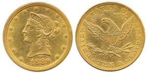 USA, Gold, 16.71 g, 10 Dollars, Liberty Head on obv., 1889. Very Fine+, Scarce.