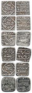 Mughal-Style, Silver Tokens (6), Square, Kalima on obv., name and title of Akbar on rev. b