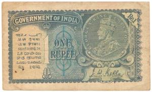 George V, Rupee 1, 2nd issue, 1935, signed J. W. Kelly, (Jhun #2.1B). Fine+.