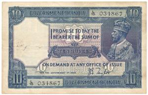 George V, Rupees 10, 2nd issue, 1926, signed J. B. Taylor, (Jhun #7.2). Very Fine.