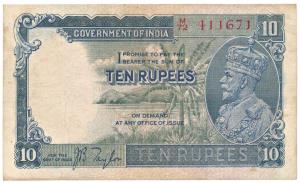 George V, Rupees 10, 3rd issue, 1935, signed J. B. Taylor, (Jhun #8.1B). Very Fine.