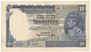 George VI, Rupees 10, 1st issue, 1938, signed J. B. Taylor, (Jhun #5.1). Very Fine+.
