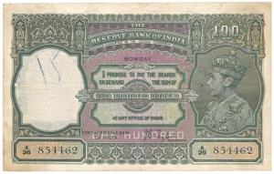 George VI, Rupees 100, 1938, signed J. B. Taylor, Bombay , (Jhun #7.1A). Very Fine+.