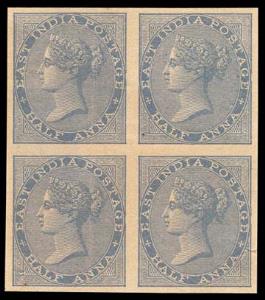 Queen Victoria East India —Plate Proof Block of 4, 1856, Half Anna issue. Unwater marked P