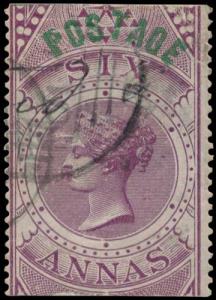 1866 Queen Victoria, 6a., SG 66 (T15) Purple , Wmk Crown over “INDIA” , Perf. 14 (at side 