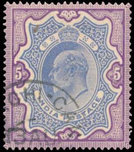 1904 King Edward VII, Rs. 5/-, SG 142, Ultramarine & Violet, Fine Used, Hinged.