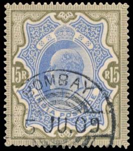 1909 King Edward VII, Rs. 15/-, SG 146, Blue & Olive Brown, Fine Used , Hinged.