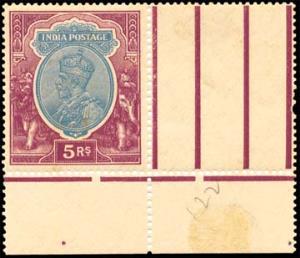 1926-33 King George V, Rs. 5/-, SG 216, Ultramarine & Purple with lower margin & side gutt