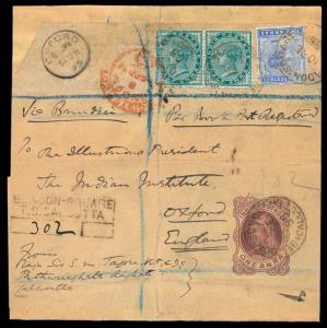 Tagore family Postal History —Registered Book Post Wrapper —1895 Queen Victoria One Anna W