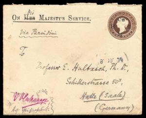 Queen Victoria OHMS envelope —Her omitted by manuscript His —posted to Germany 1904 OHMS p