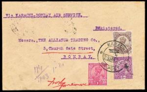 Karachi —Bombay First Air Mail Flight Cover Registered 1920 23rd January 1920 Karachi Camp