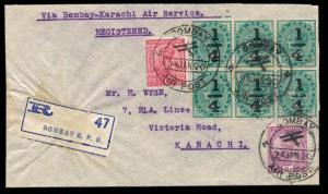Bombay-Karachi First Air Mail Flight Cover Registered 1920 24th January 1920 Bombay GPO Re
