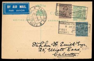 First Flight Card —Karachi-Calcutta 1933 flight 8th July 1933 Karachi Calcutta first airma