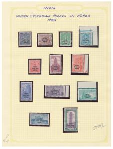 1953 Indian Custodian Forces in Korea, Set of 12 Stamps, Jain M51/M62, overprinted “Bharat