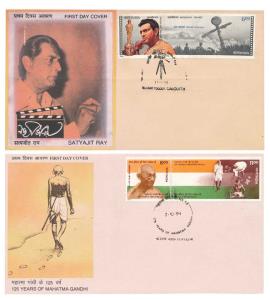 Lot of 2 FDC, Se-tenant Stamps, 1994, Satyajit Ray, 125 Years of Mahatma Gandhi.