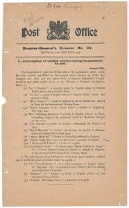 India Post notice dated 15 December 1910, by the director general, circular no. 34, bannin