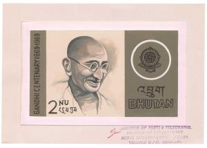Bhutan (Gandhi): 1969 “Gandhi Centenary” issue. Original artwork for adopted design but ’2