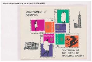 1969 Birth Centenary of “Mahatma Gandhi” 4 Value Souvenir Sheet from Grenada, (6c, 15c, 15