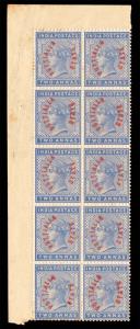1884 Queen Victoria, SG 3, 2a. Dull Blue, Optd with T1 in RED, Marginal Block of 10, MNH, 