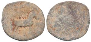 Hiranyakas of Karnataka, Lead, 11.65 g, a horse standing to right with an earth-ball in it