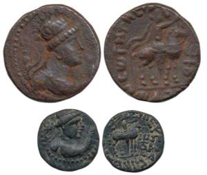 Kushanas, Wima Takto (Soter Megas), Copper (2), 1.98 and 8.21 g, ¼ and 1 Unit, bust of the