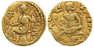 Guptas, Samudragupta (AD 330-380), Gold Dinar, 7.56 g, Lyrist type, obv: king seated on a 