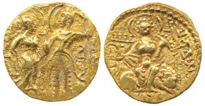 Guptas, Samudragupta, Gold Dinar, 7.57 g, King & Queen type, obv: king standing to left of