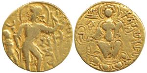 Guptas, Samudragupta, Gold Dinar, Battle-Axe type, obv: king standing to left, wearing a c