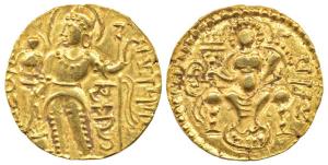 Guptas, Samudragupta, Gold Dinar, Standard type, obv: king nimbate standing to left, holdi