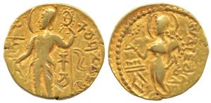 Guptas, Samudragupta, Gold Dinar, Kacha type, king standing to left, holding a wheel-heade