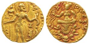 Guptas, Chandragupta II, Gold Dinar, Archer type, king with halo, standing to left holding