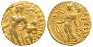 Guptas, Chandragupta II, Gold Dinar, Chhatra type, an attendant holding a royal umbrella (